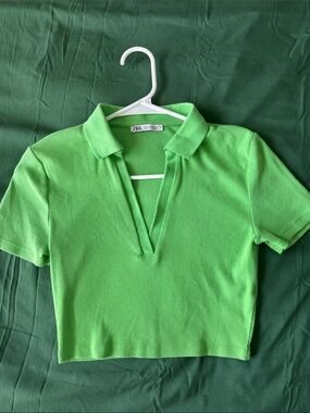 Zara Bright Green Ribbed Polo Crop Top